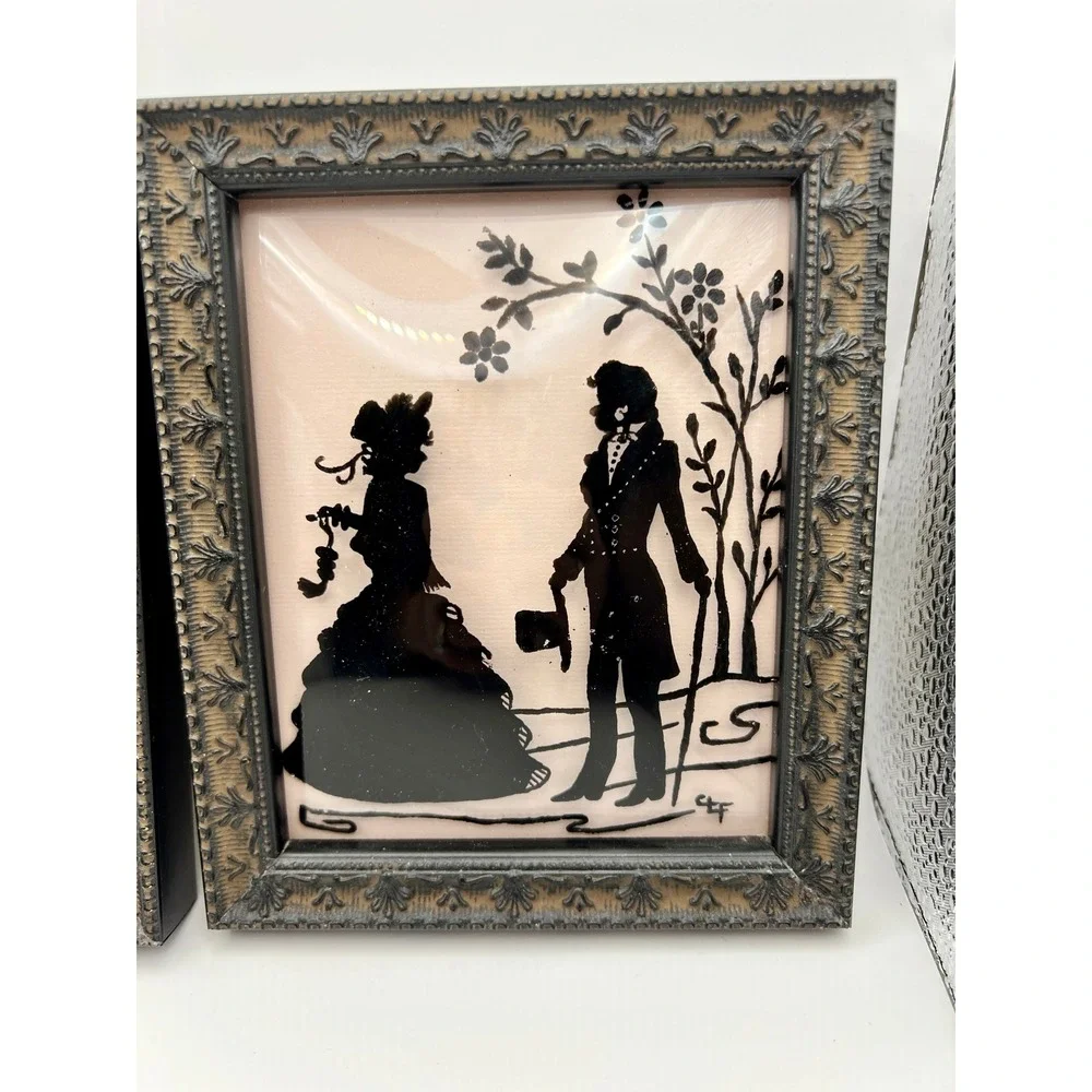 Hand-Painted Silhouette Art Set 2 beige Black Excellent Convex Glass